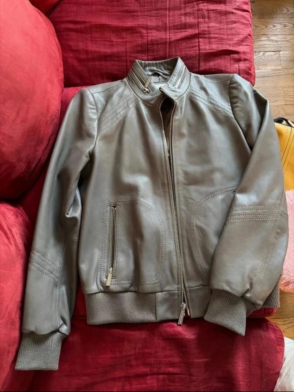 Michael Kors Unisex Grey Leather Bomber Jacket - Classic Zip Front